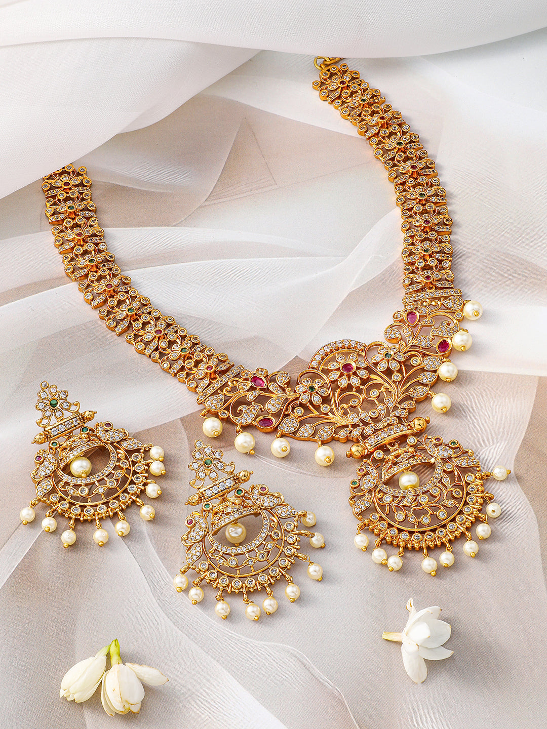 American Diamond Zirconia Floral Necklace Set フリーサイズ