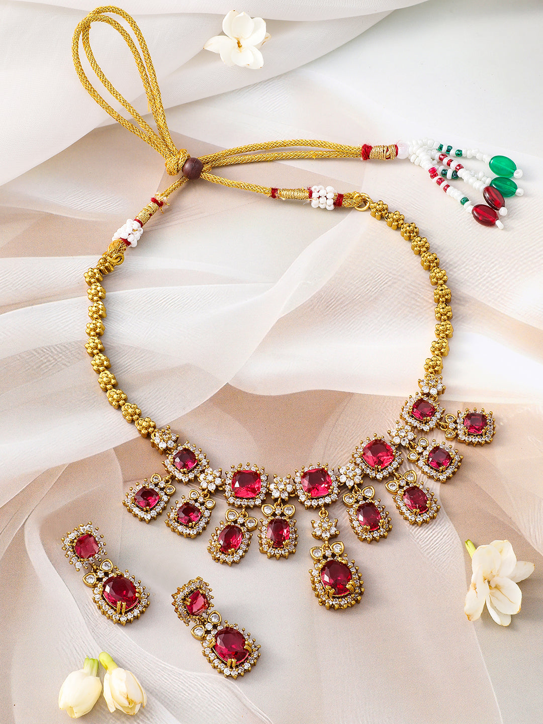 Ruby Studded American Diamond Zirconia Floral Necklace Set フリーサイズ