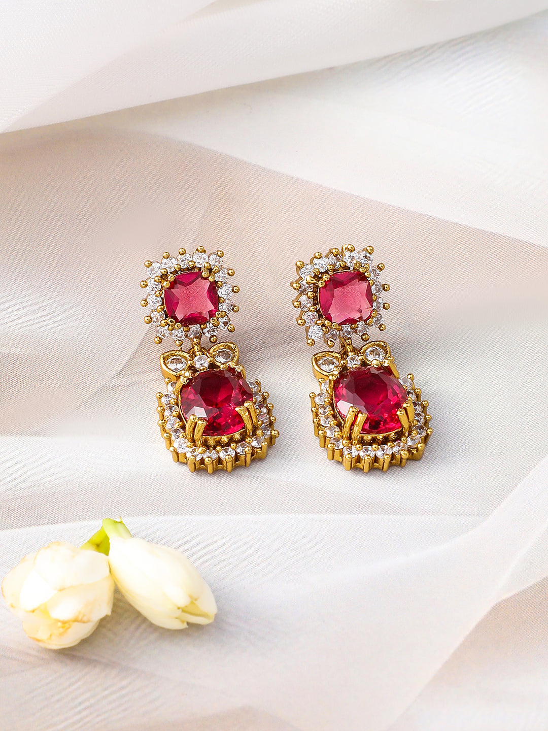 Ruby Studded American Diamond Zirconia Floral Necklace Set フリーサイズ