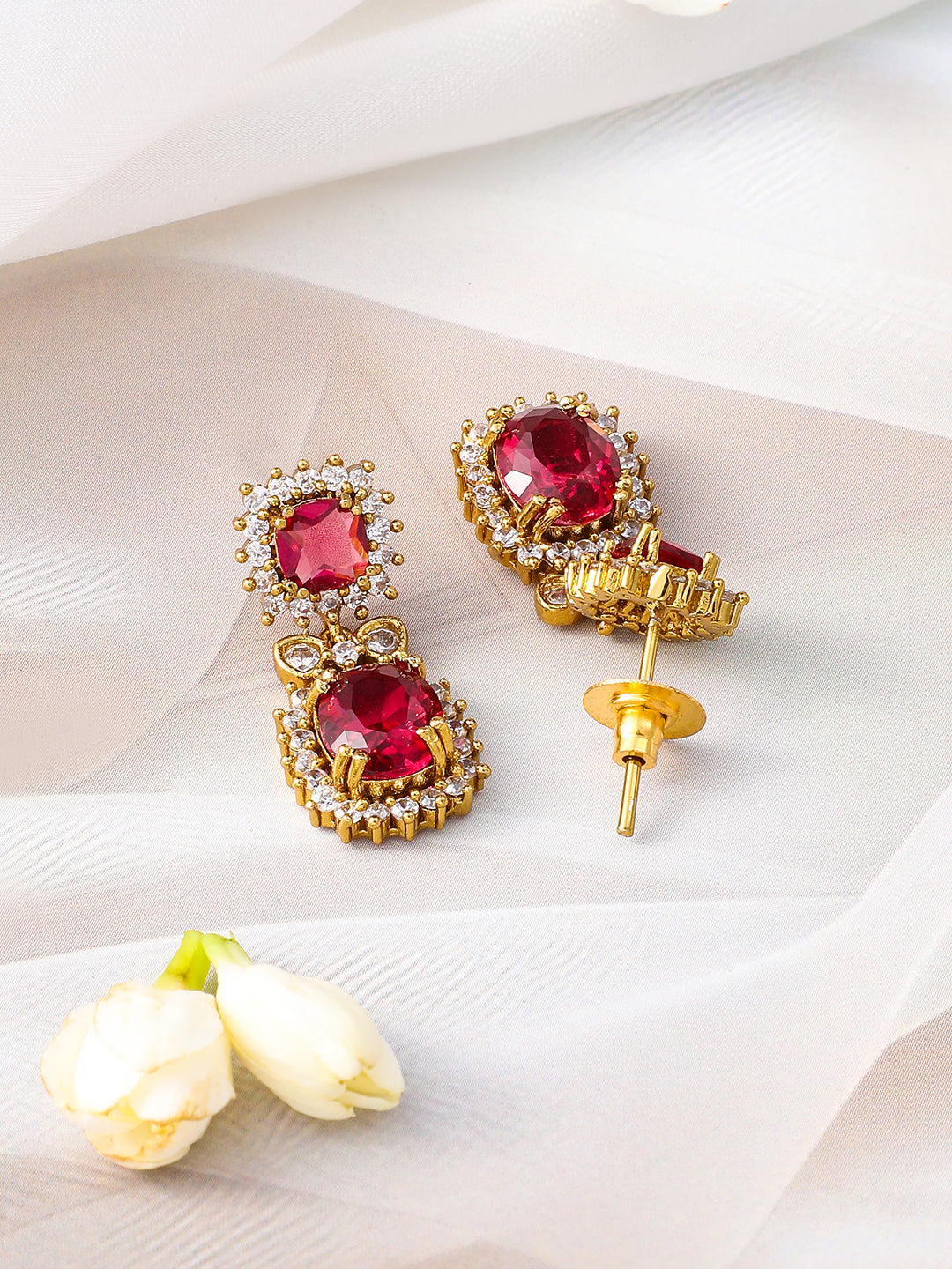 Ruby Studded American Diamond Zirconia Floral Necklace Set フリーサイズ