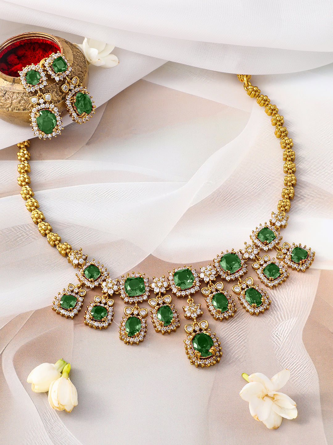 American Diamond Zirconia Emerald Studded Necklace Set フリーサイズ
