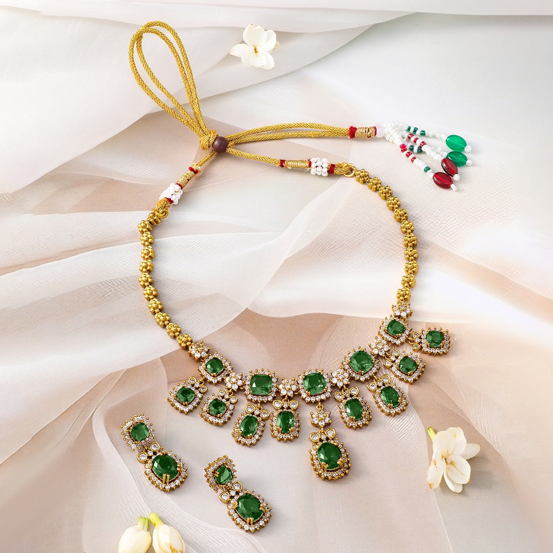 American Diamond Zirconia Emerald Studded Necklace Set フリーサイズ