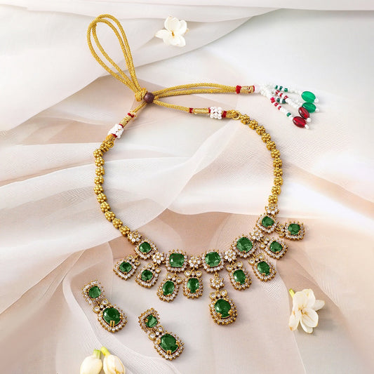 American Diamond Zirconia Emerald Studded Necklace Set フリーサイズ