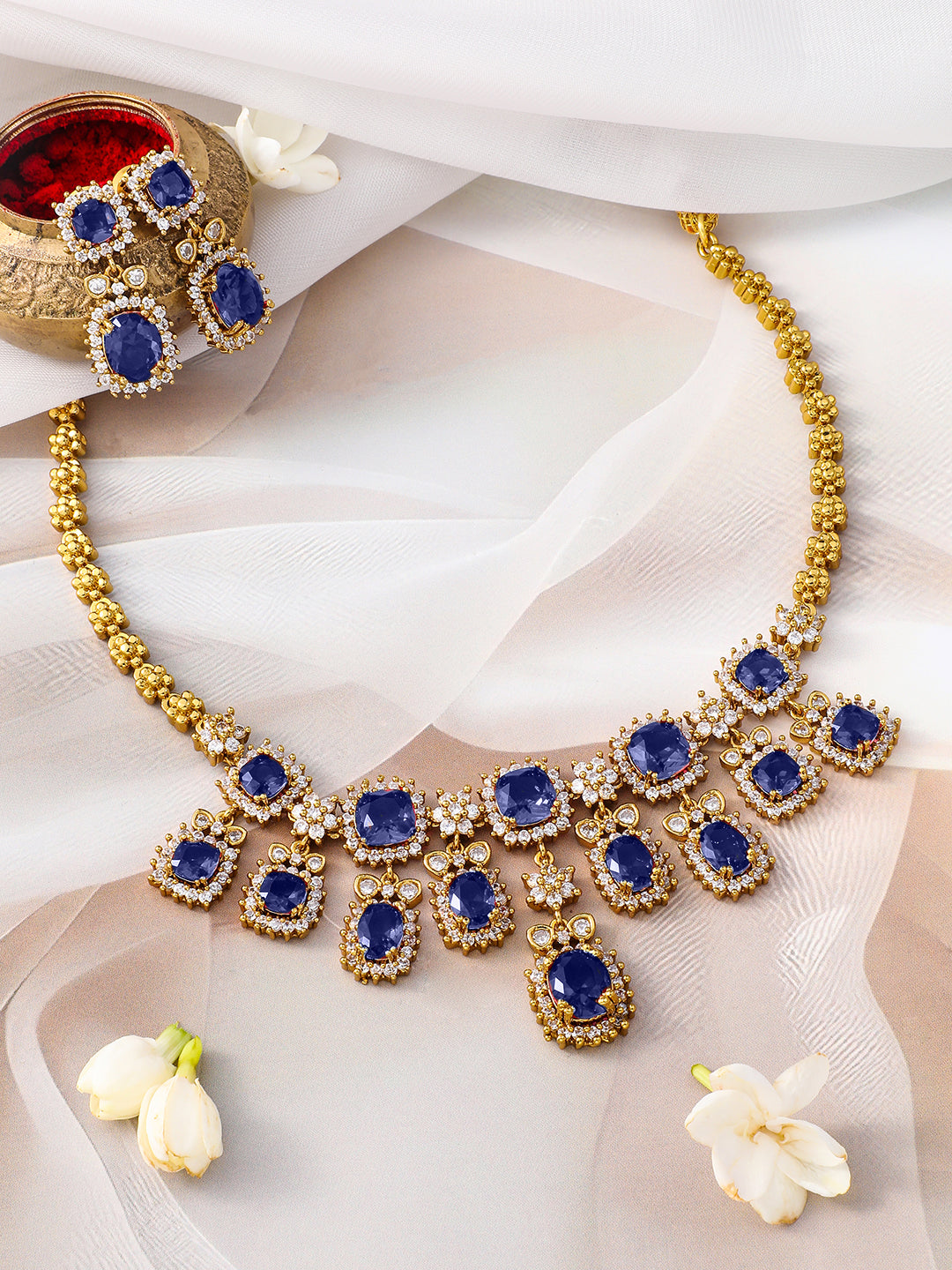 American Diamond Zirconia Blue Necklace Set フリーサイズ