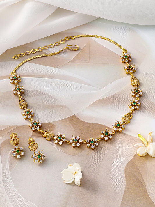 American Diamond Zirconia Floral Temple Necklace Set フリーサイズ