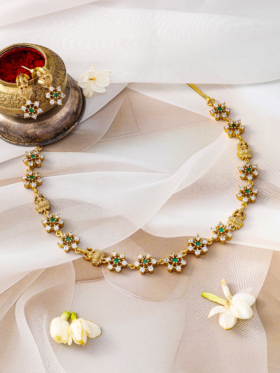 American Diamond Zirconia Floral Temple Necklace Set フリーサイズ