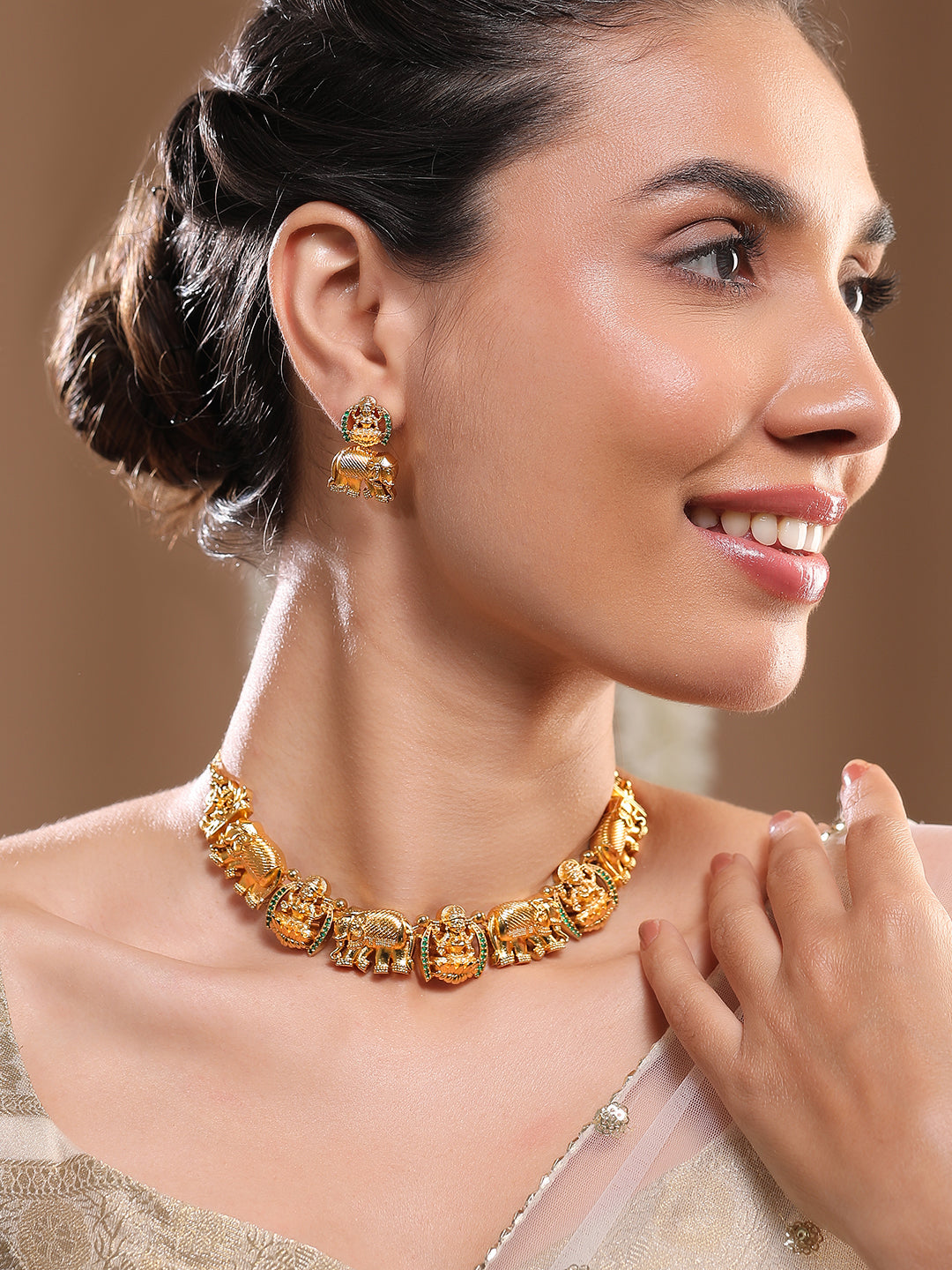 Laxmi & Elephant Motif Gold Choker set フリーサイズ