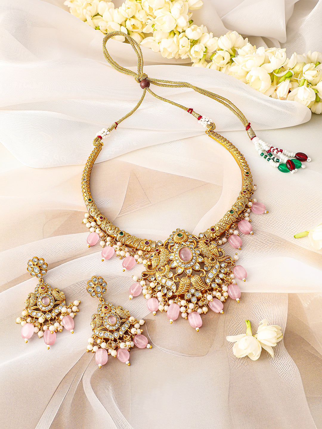 Multicolor Pink Beads Golden Necklace Set Pastel Pink