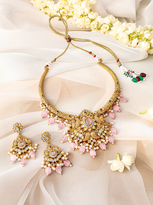 Multicolor Pink Beads Golden Necklace Set Pastel Pink