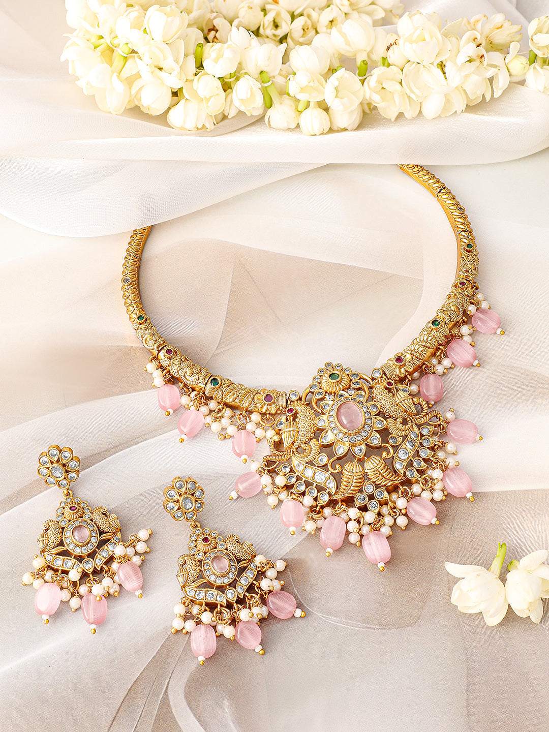 Multicolor Pink Beads Golden Necklace Set Pastel Pink