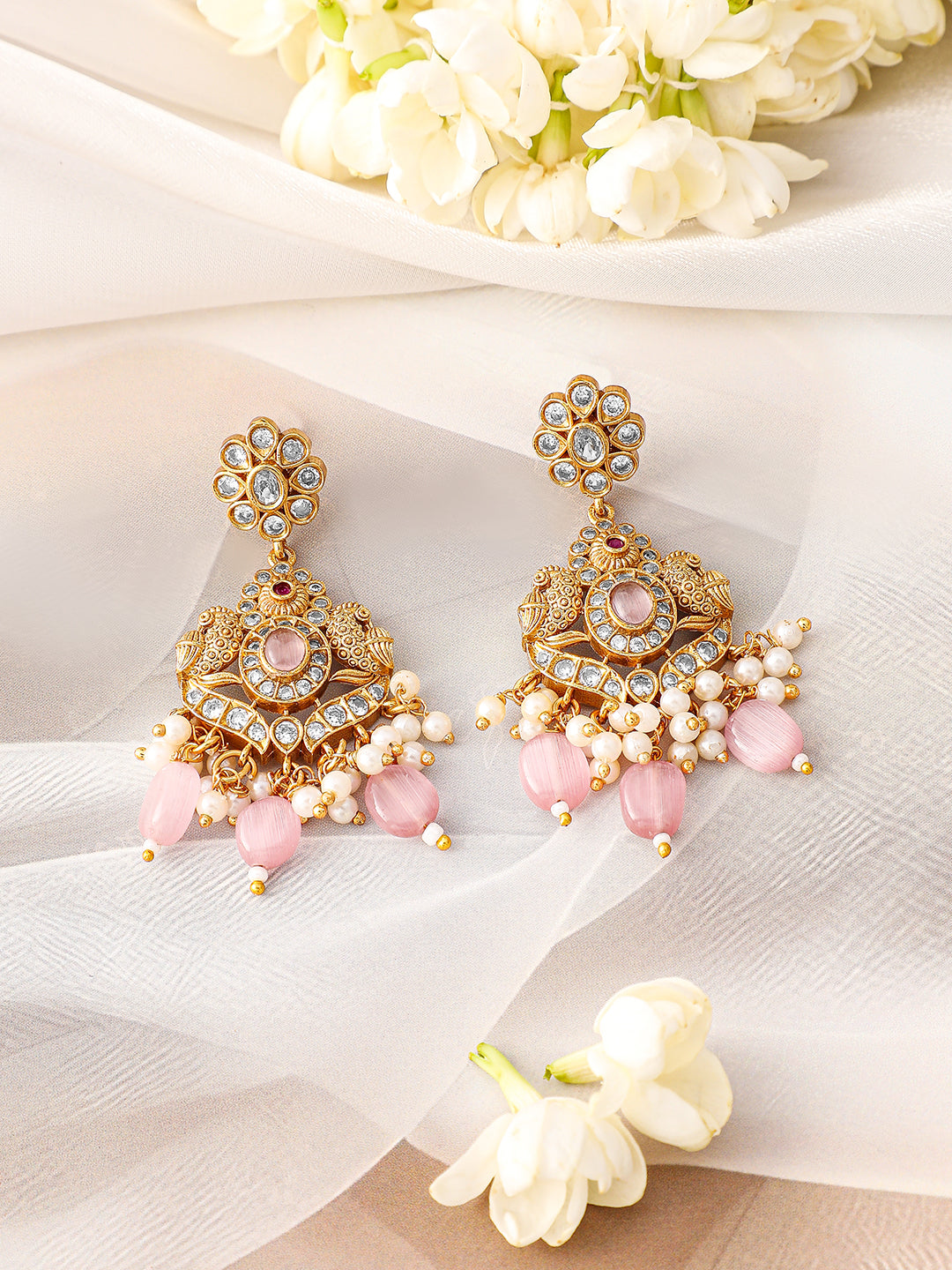Multicolor Pink Beads Golden Necklace Set Pastel Pink
