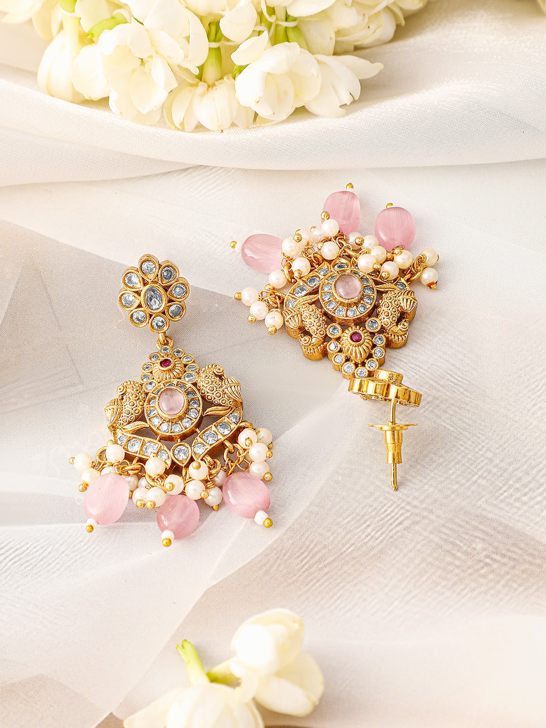 Multicolor Pink Beads Golden Necklace Set Pastel Pink