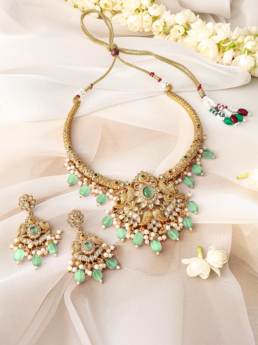 White Studded Mint Beaded Pearl Necklace Set フリーサイズ