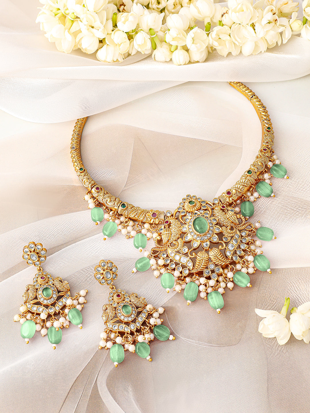 White Studded Mint Beaded Pearl Necklace Set フリーサイズ