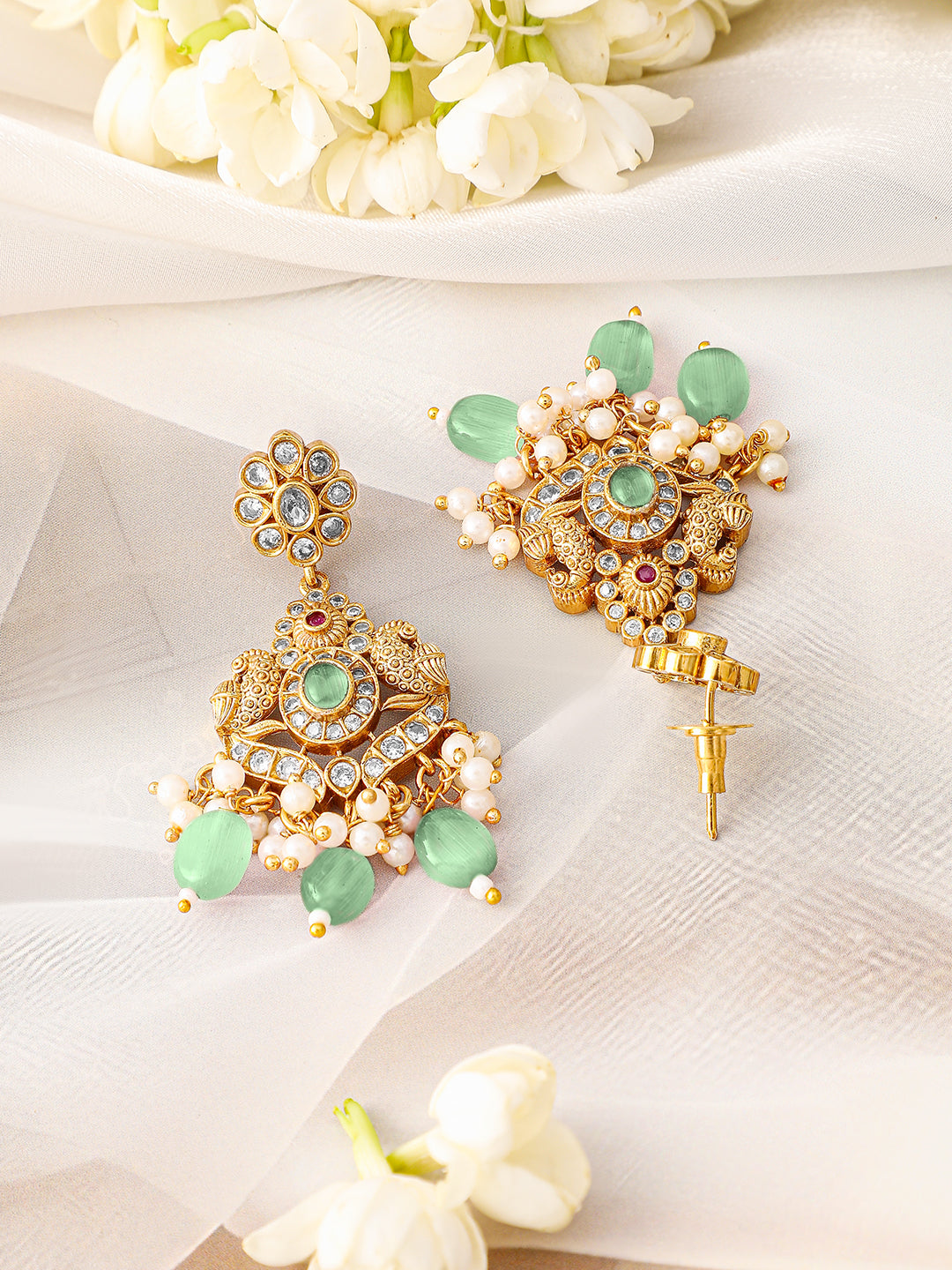 White Studded Mint Beaded Pearl Necklace Set フリーサイズ