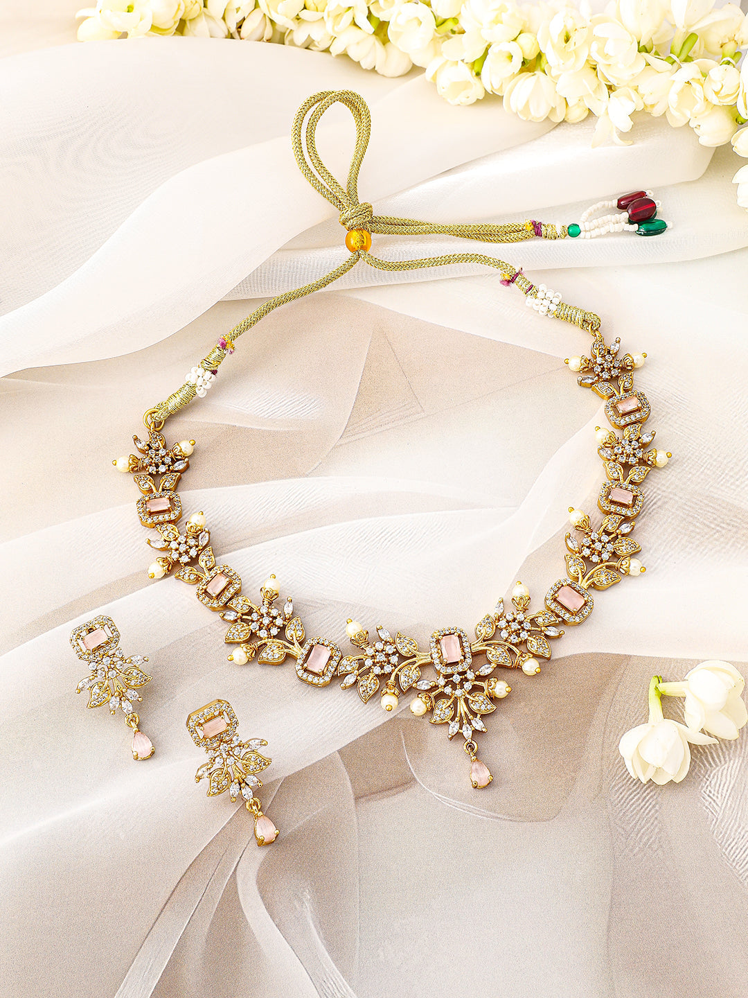 Pink American Diamond Zirconia Pearl Necklace Set フリーサイズ