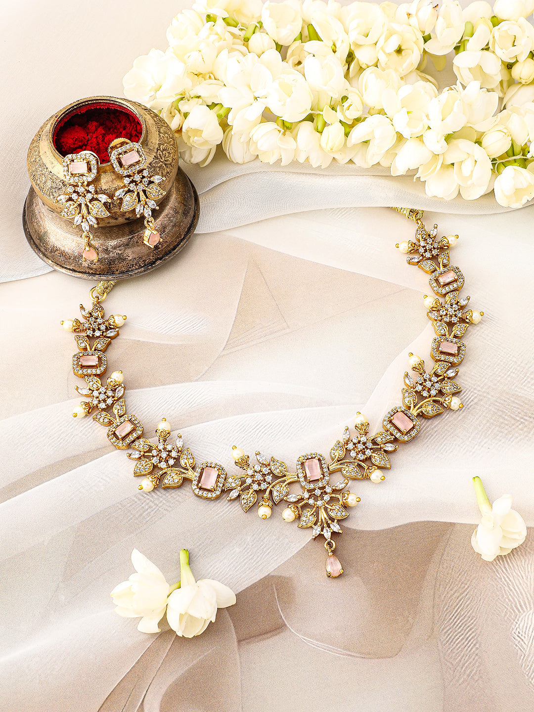 Pink American Diamond Zirconia Pearl Necklace Set フリーサイズ
