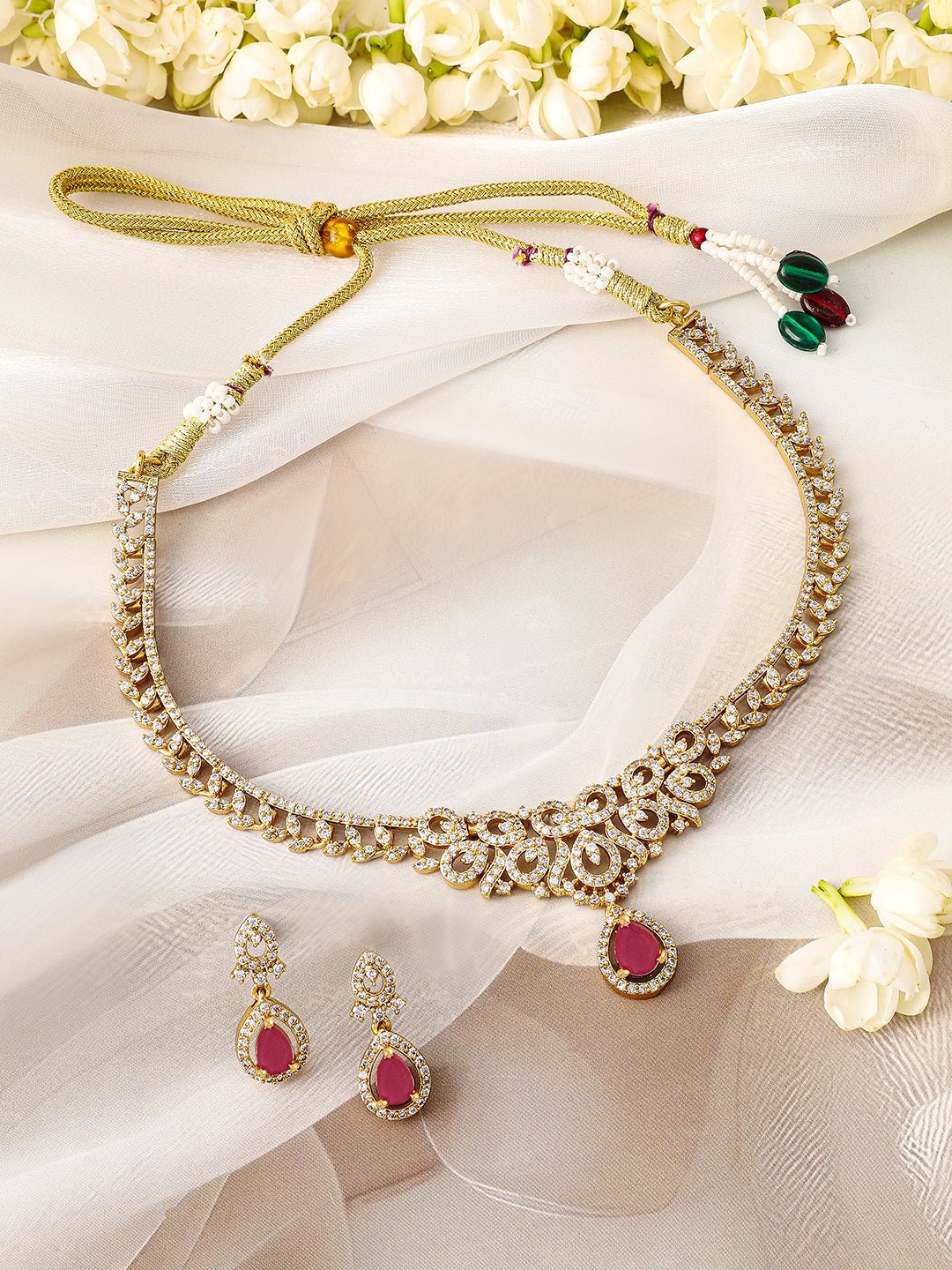 Ruby Accented American Diamond Zirconia Necklace Set フリーサイズ