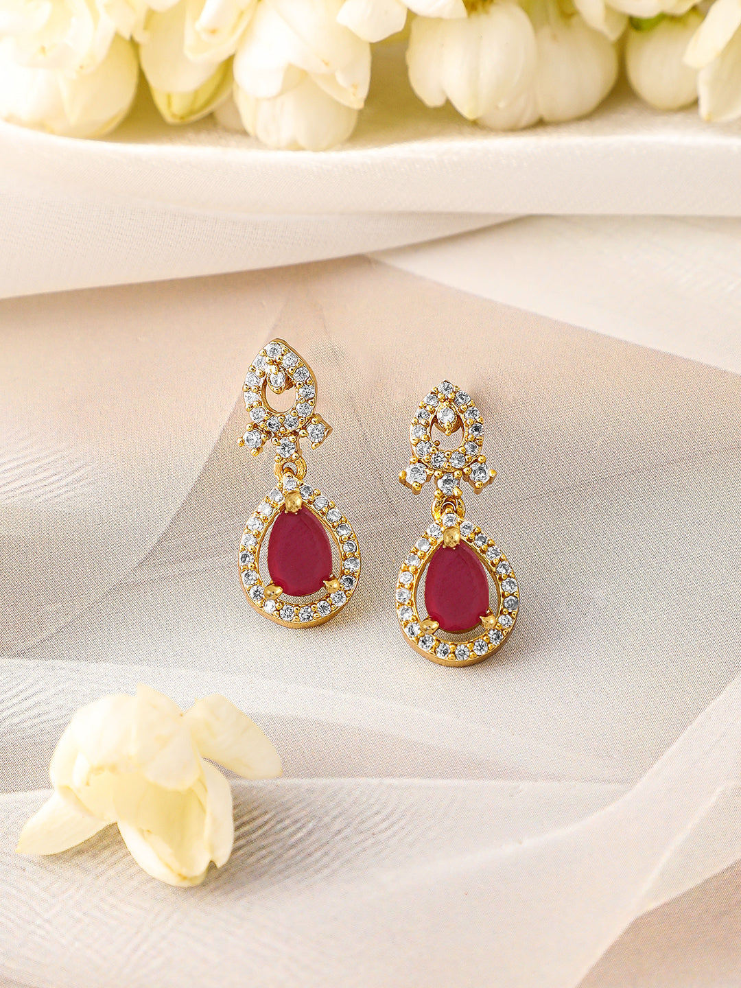 Ruby Accented American Diamond Zirconia Necklace Set フリーサイズ