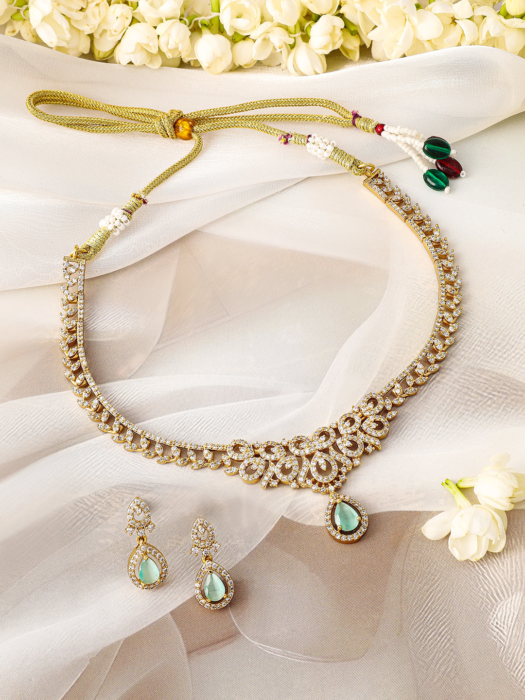 American Diamond Zirconia Green Drop necklace Set フリーサイズ