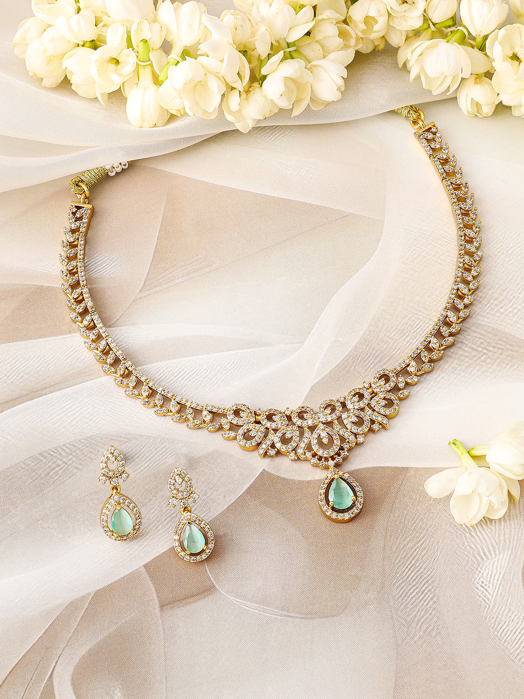 American Diamond Zirconia Green Drop necklace Set フリーサイズ