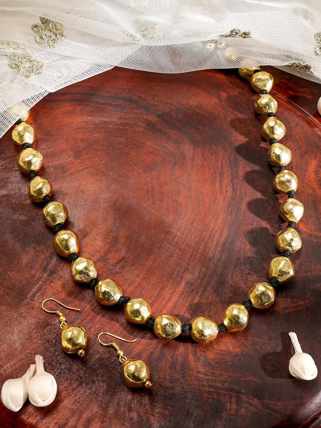 Oxidized Golden Beaded Long Necklace Set フリーサイズ