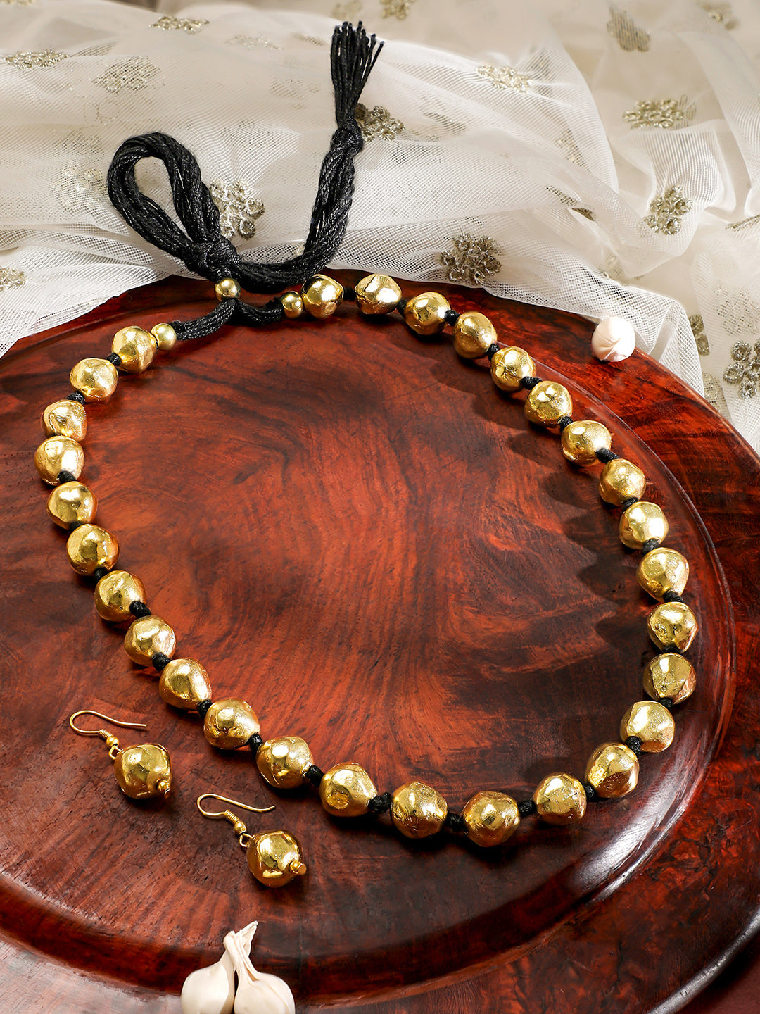 Oxidized Golden Beaded Long Necklace Set フリーサイズ