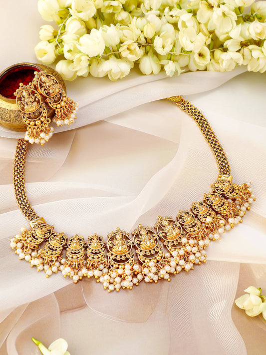 Laxmi Motif Golden Necklace Set with Pearl Drops フリーサイズ