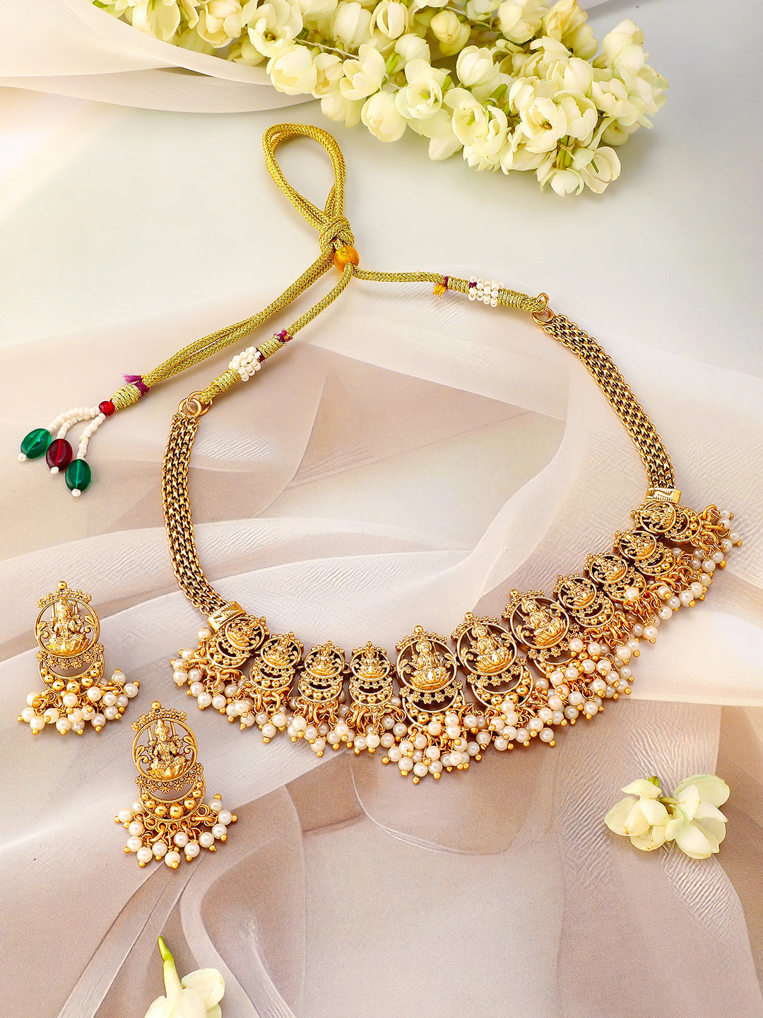 Laxmi Motif Golden Necklace Set with Pearl Drops フリーサイズ