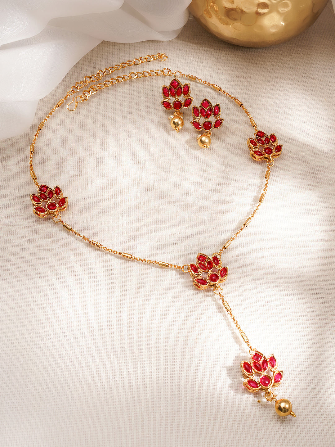 Floral Theme Red Pendant Necklace Set フリーサイズ