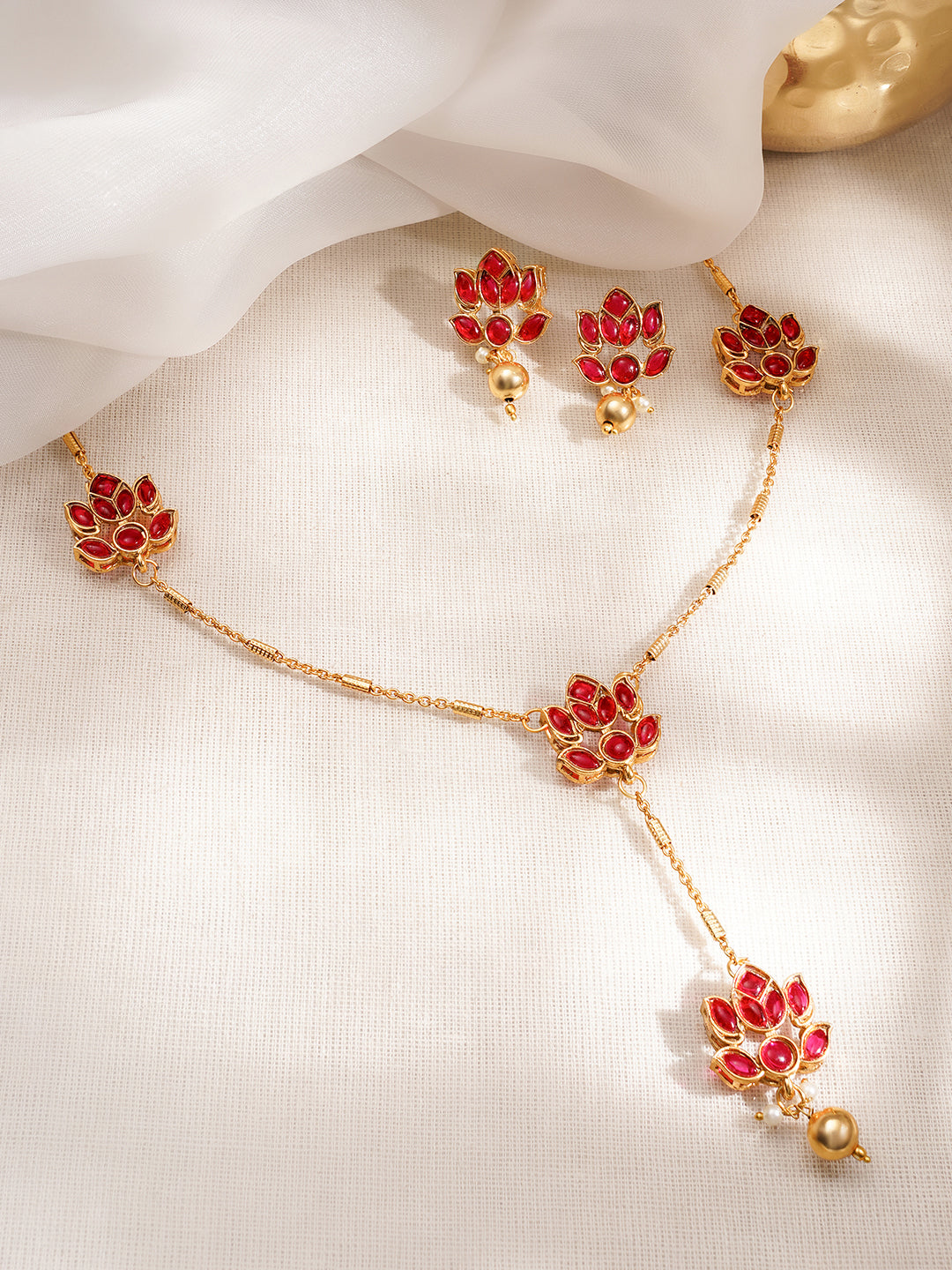 Floral Theme Red Pendant Necklace Set フリーサイズ