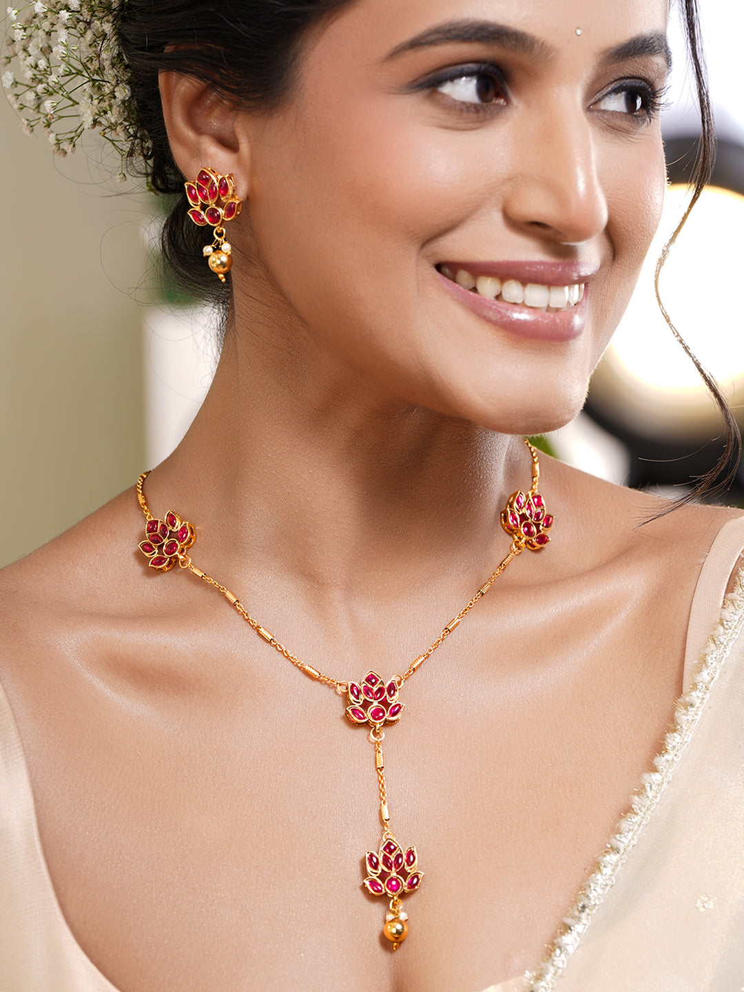 Floral Theme Red Pendant Necklace Set フリーサイズ