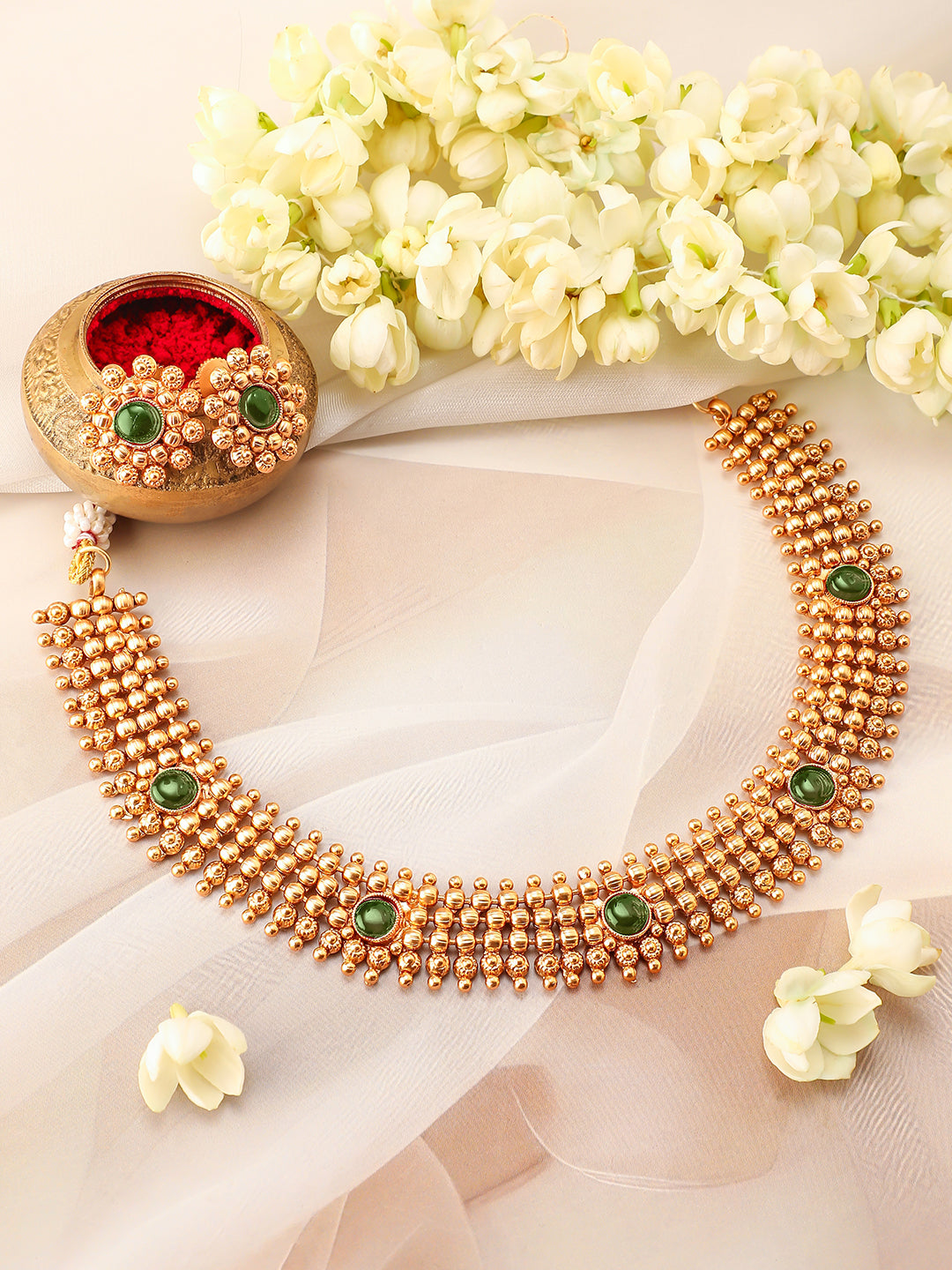 Emerald Studded Gold Beads Necklace Set フリーサイズ