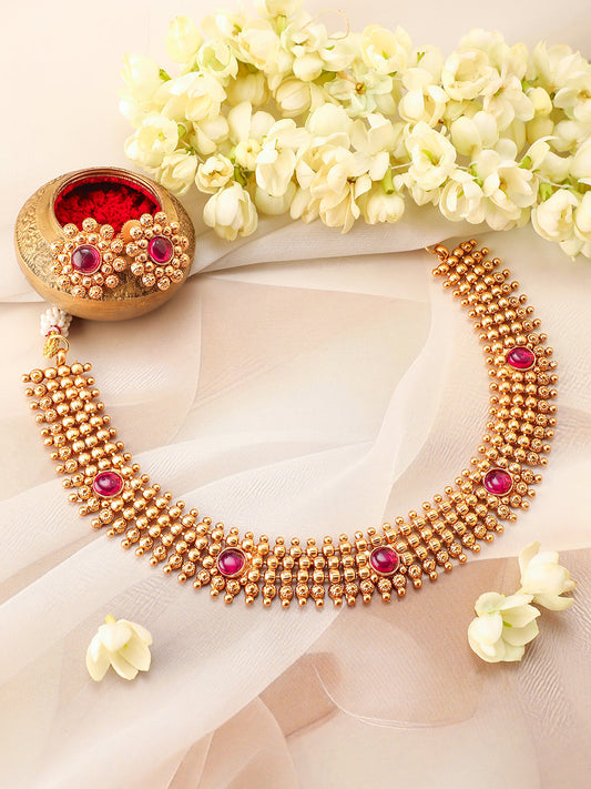 Ruby Studded Traditional Golden Necklace Set フリーサイズ