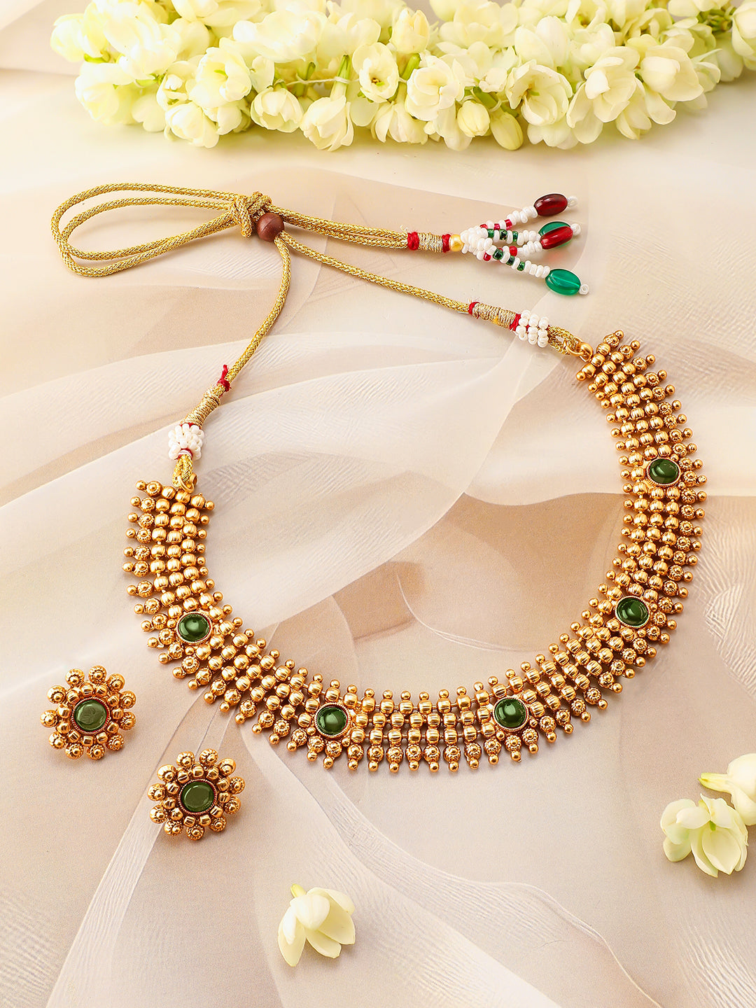 Emerald Studded Gold Beads Necklace Set フリーサイズ