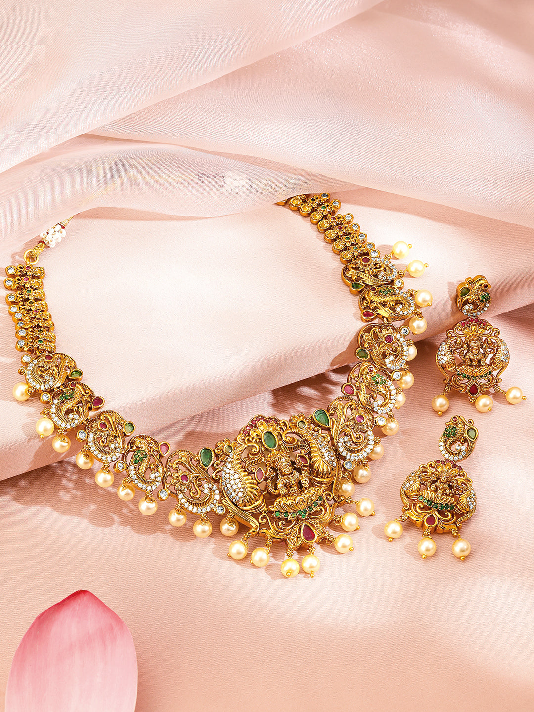 Peacock Motif Gold Toned Pearl Necklace Set フリーサイズ