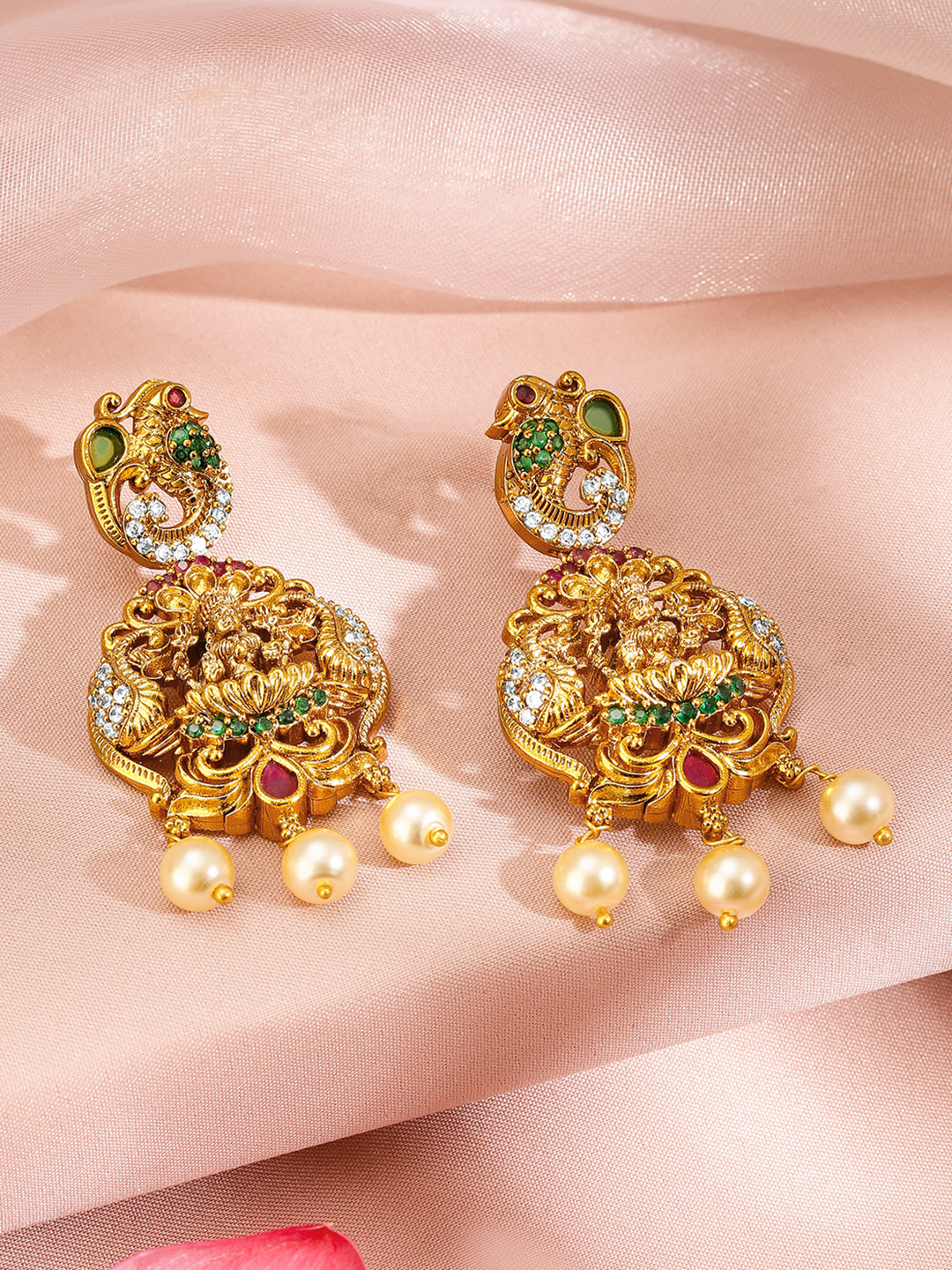Peacock Motif Gold Toned Pearl Necklace Set フリーサイズ