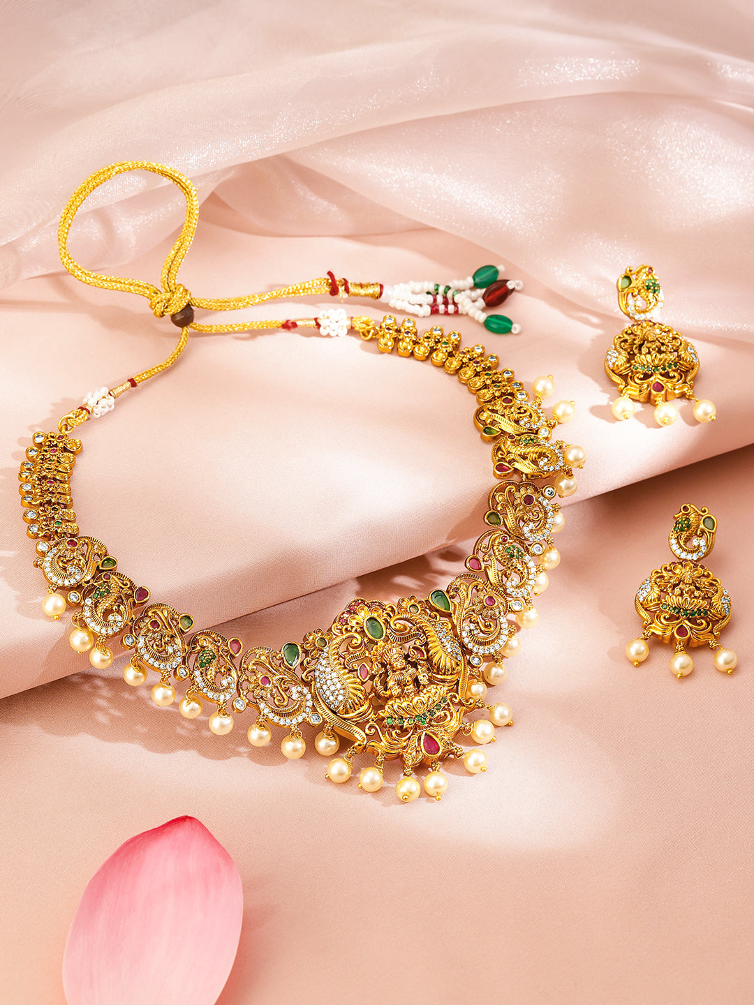 Peacock Motif Gold Toned Pearl Necklace Set フリーサイズ