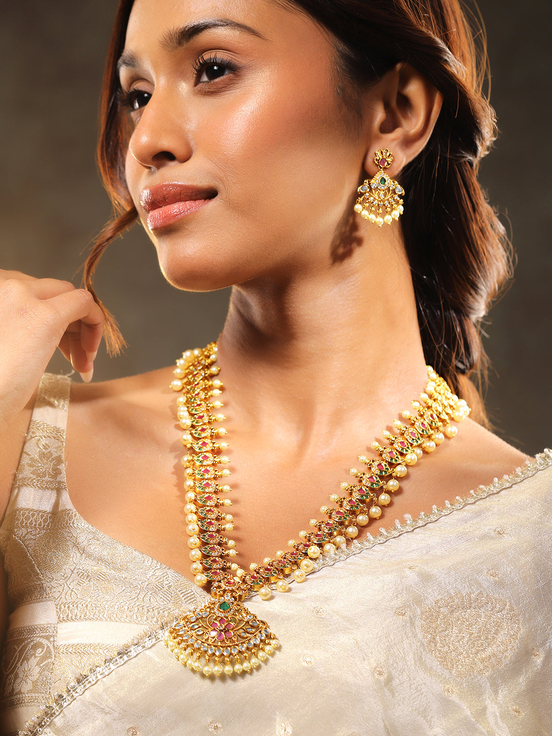 Multicolor American Diamond Zirconia Pearl Necklace Set フリーサイズ