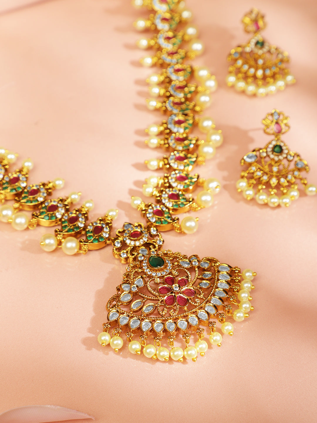 Multicolor American Diamond Zirconia Pearl Necklace Set フリーサイズ