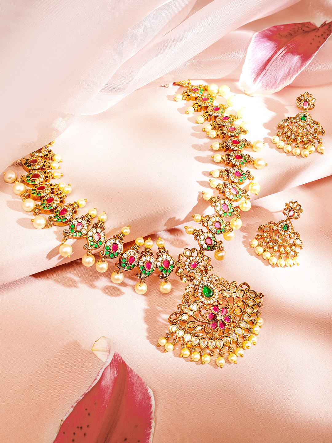 Multicolor American Diamond Zirconia Studded Pearl Necklace Set フリーサイズ