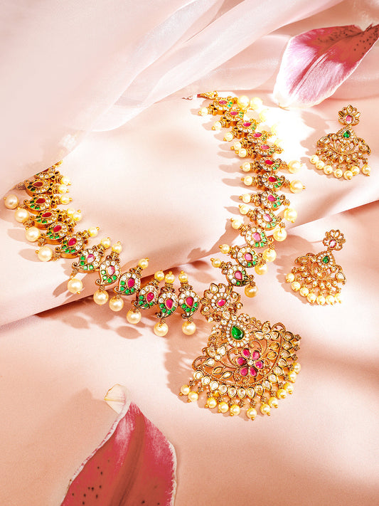 Multicolor American Diamond Zirconia Studded Pearl Necklace Set フリーサイズ
