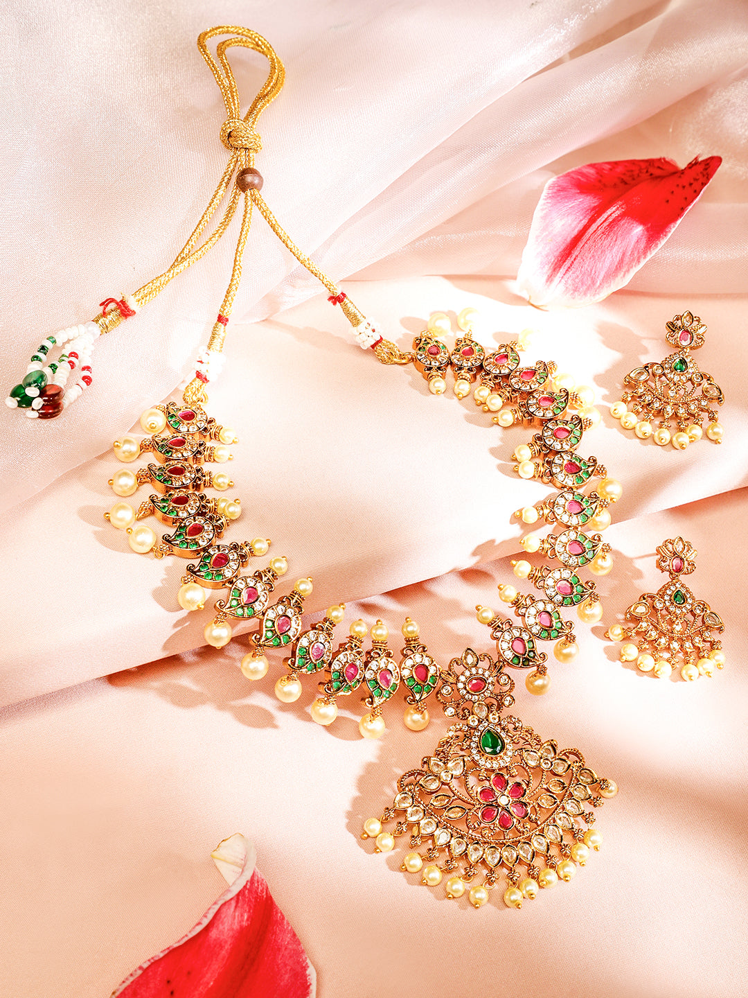 Multicolor American Diamond Zirconia Studded Pearl Necklace Set フリーサイズ