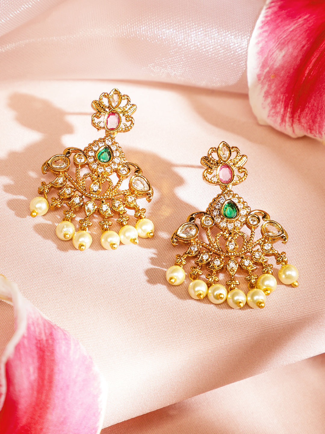 Multicolor American Diamond Zirconia Studded Pearl Necklace Set フリーサイズ