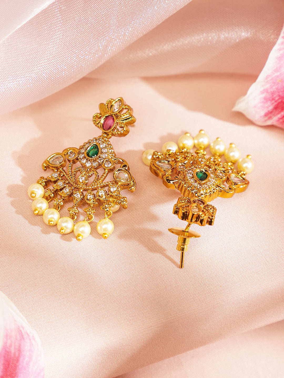 Multicolor American Diamond Zirconia Studded Pearl Necklace Set フリーサイズ