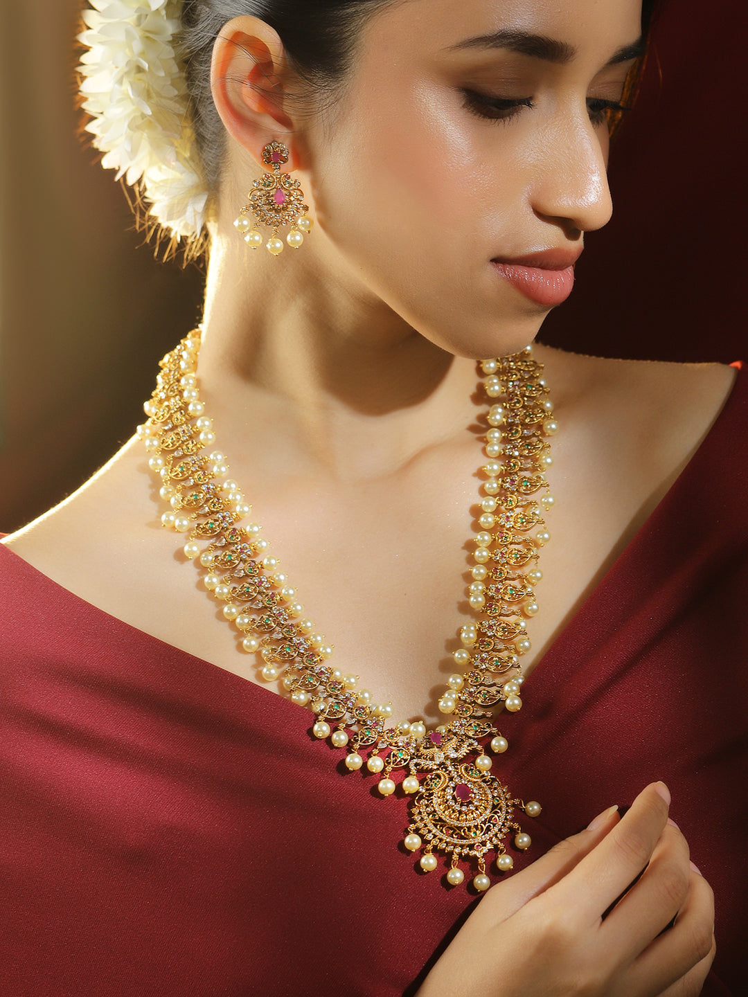 American Diamond Zirconia Necklace Set with Pearl Detailing フリーサイズ