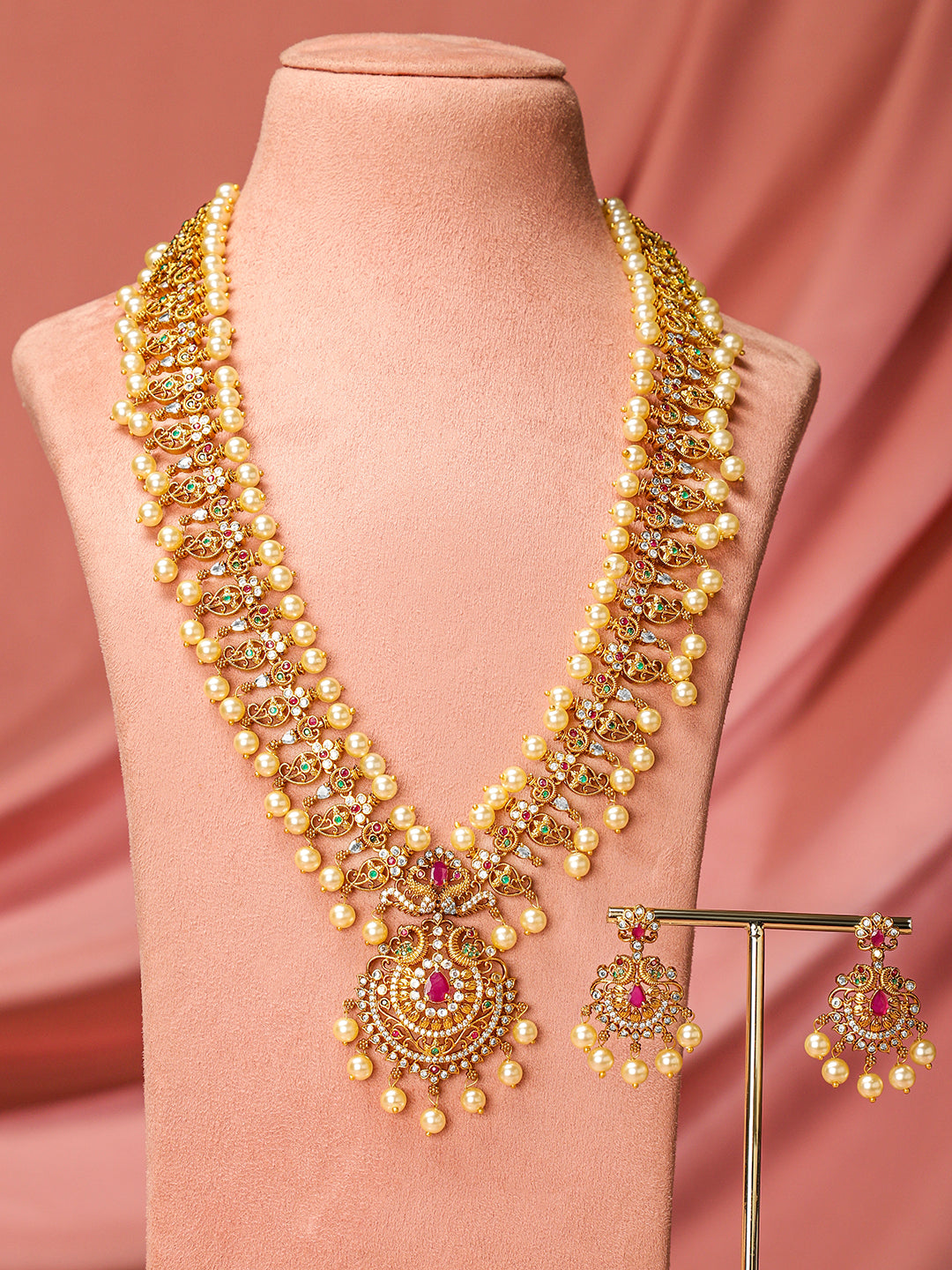 American Diamond Zirconia Necklace Set with Pearl Detailing フリーサイズ