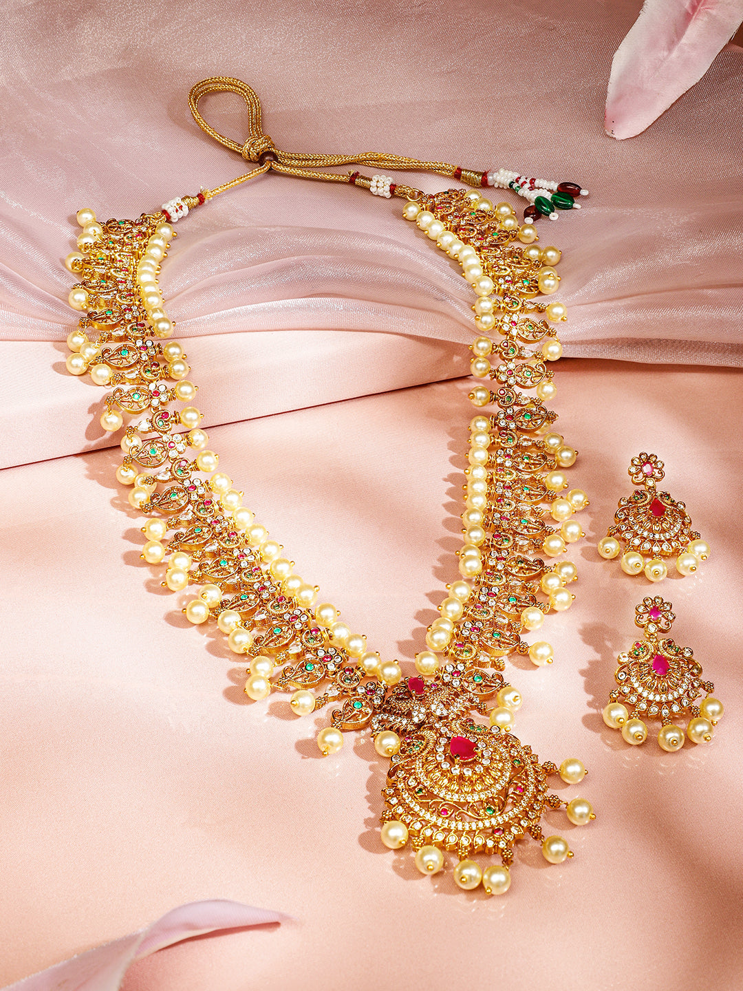 American Diamond Zirconia Necklace Set with Pearl Detailing フリーサイズ