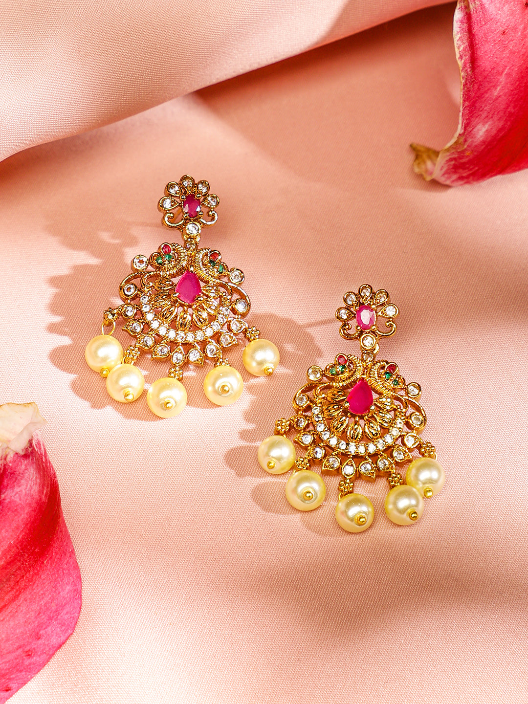 American Diamond Zirconia Necklace Set with Pearl Detailing フリーサイズ