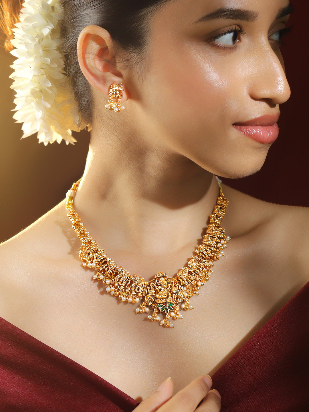 Ganesh & Elephant Motif Pearl Necklace Set フリーサイズ